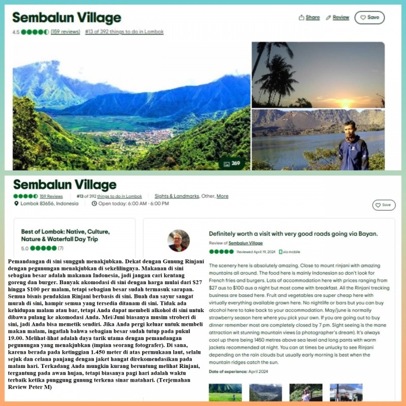 Foto Review Trip Advisor oleh Turis Mancanegara Mengenai Sembalun (Dok. Pribadi)