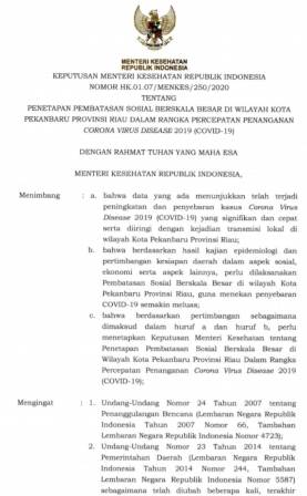 Percepatan Penanganan Kasus COVID-19 Menkes Setujui PSBB Kota Pekanbaru