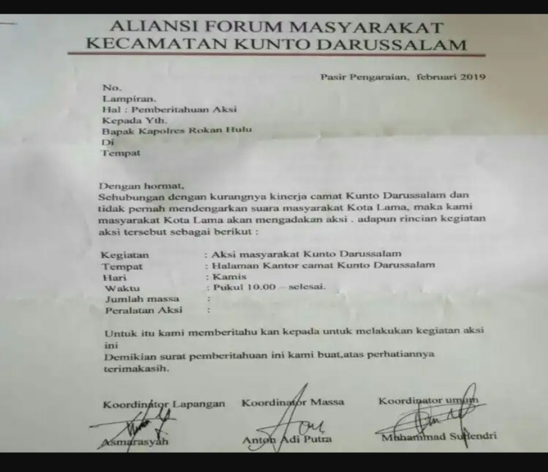 Masyarakat Kunto Minta Bupati Rohul Untuk Mengantikan camat Kunto Darussalam