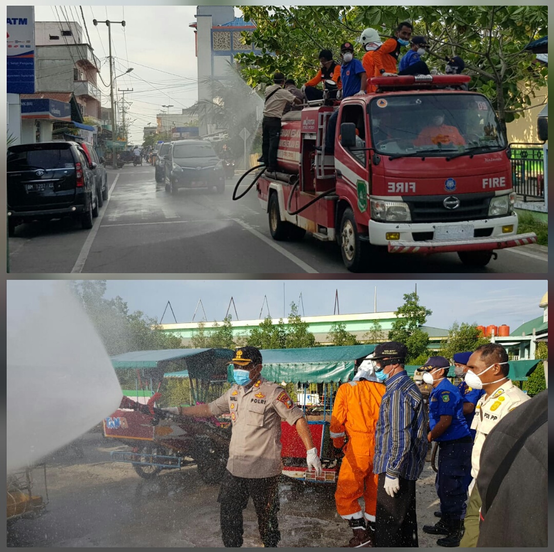 Wabup Dan Kapolres Kepulauan Meranti Pimpin Penyemprotan Masal Disinfektan Dikota Selatpanjang