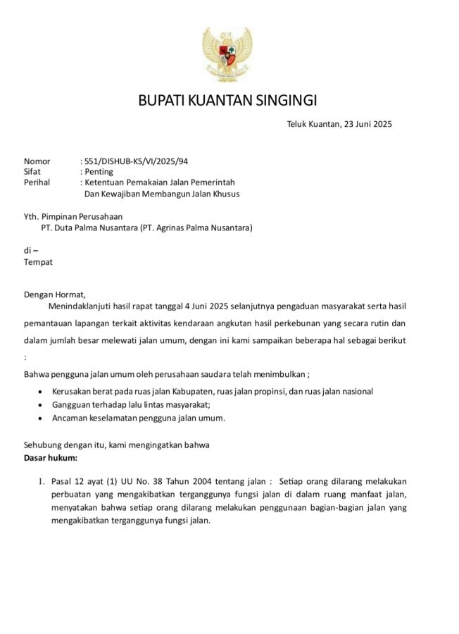 Bupati Kuansing Tegur Empat Perusahaan Besar, Minta Tanggung Jawab Perbaiki Jalan Rusak