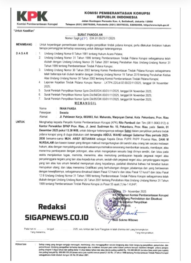 KPK Panggil Ketua PP Pekanbaru Iwan Pansa Sebagai Saksi Perkara Abdul Wahid