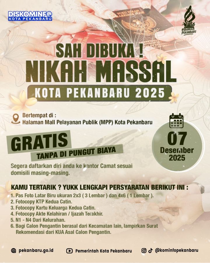 Nikah Massal dan Isbat Gratis Pemko Pekanbaru Diserbu, 243 Pasangan Sudah Daftar